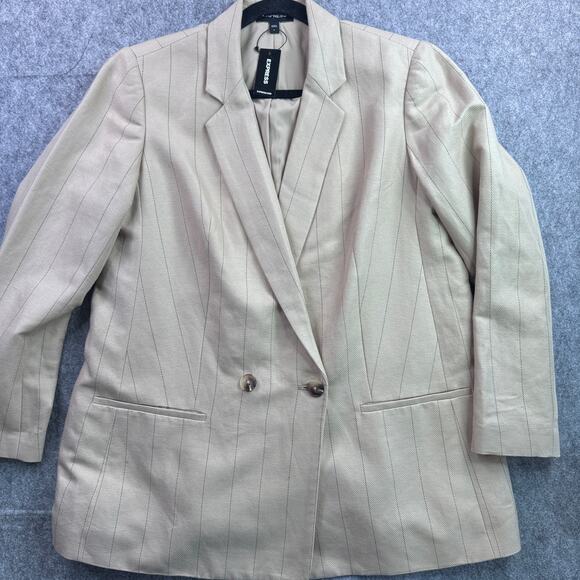 Express Women's Tan/Black Pinstripe Double Breasted Long Sleeve Blazer - Picture 1 of 7